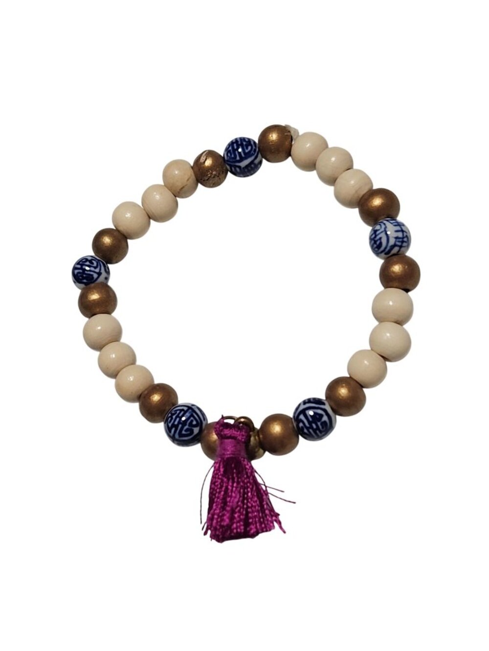 Boho Beaded Bracelet Blue White Ceramic Gold Ivory Beads Pink Tassel Stretch